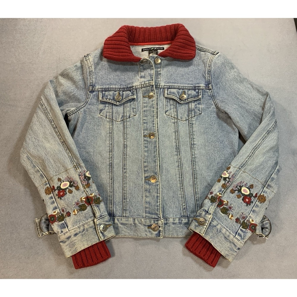 Vintage DKNY Jeans Denim Jacket Women's M Embroidered Button Up Pockets Y2K